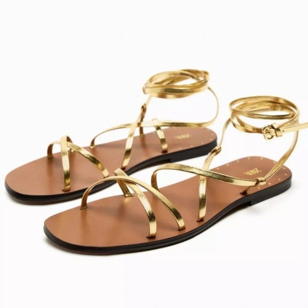 Zara Gold Metallic Strappy Ankle Wrap Sandals